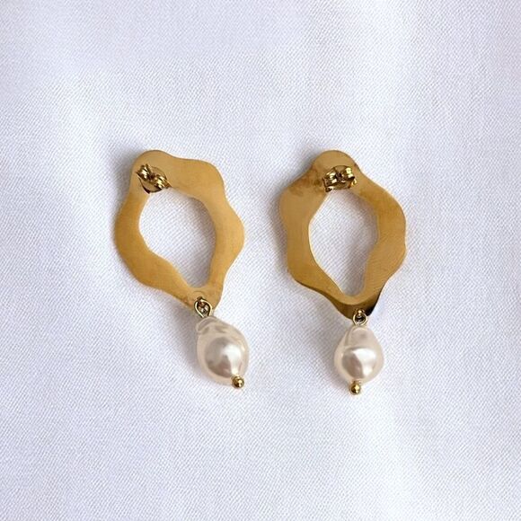 Gold Hoop Faux Pearl Drop Earrings - Picture 2 of 2